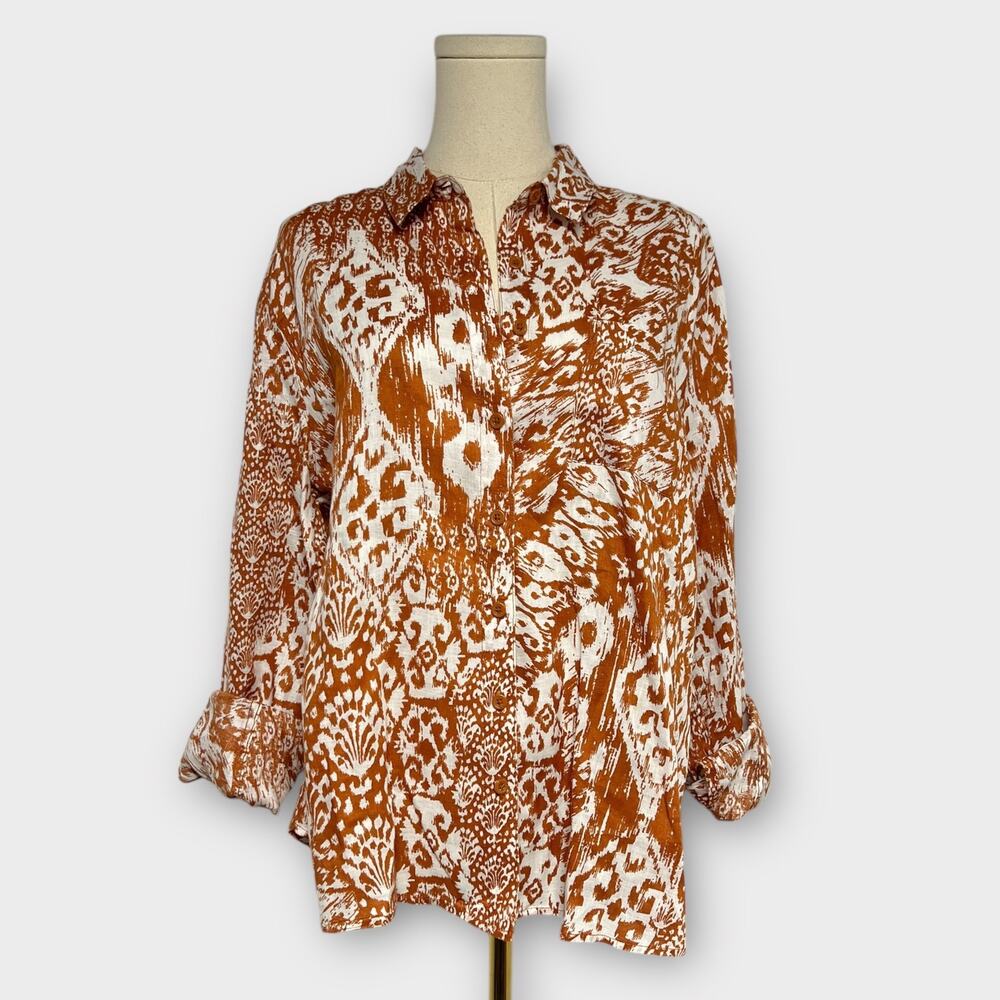 Garnet Hill Easy Linen Button-Down Shirt Burnt Orange Ikat Print Size 12
